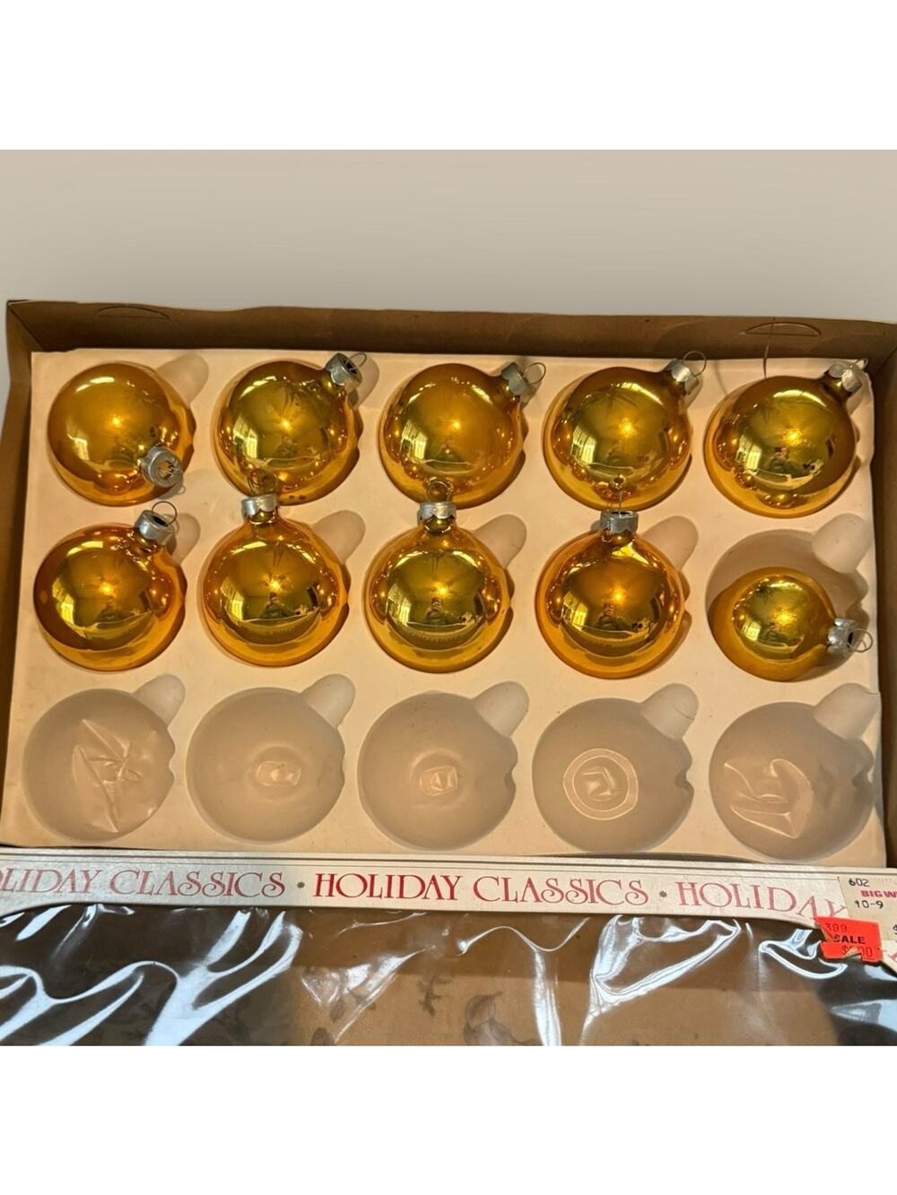 VTG Christmas Ornaments Original Box 60s Glass Coby USA Gold Lot 10 Metal Cap